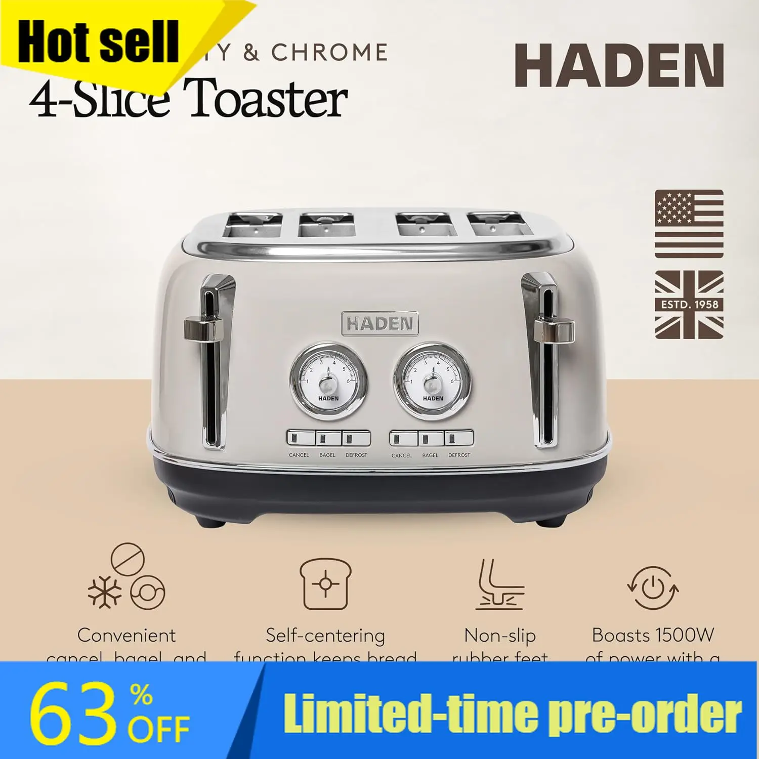 Tostadora Dorset de 4 rebanadas con ranuras anchas, tostadora de pan de acero inoxidable con control de tostado ajustable, bandeja para migas y patas antideslizantes, Pu