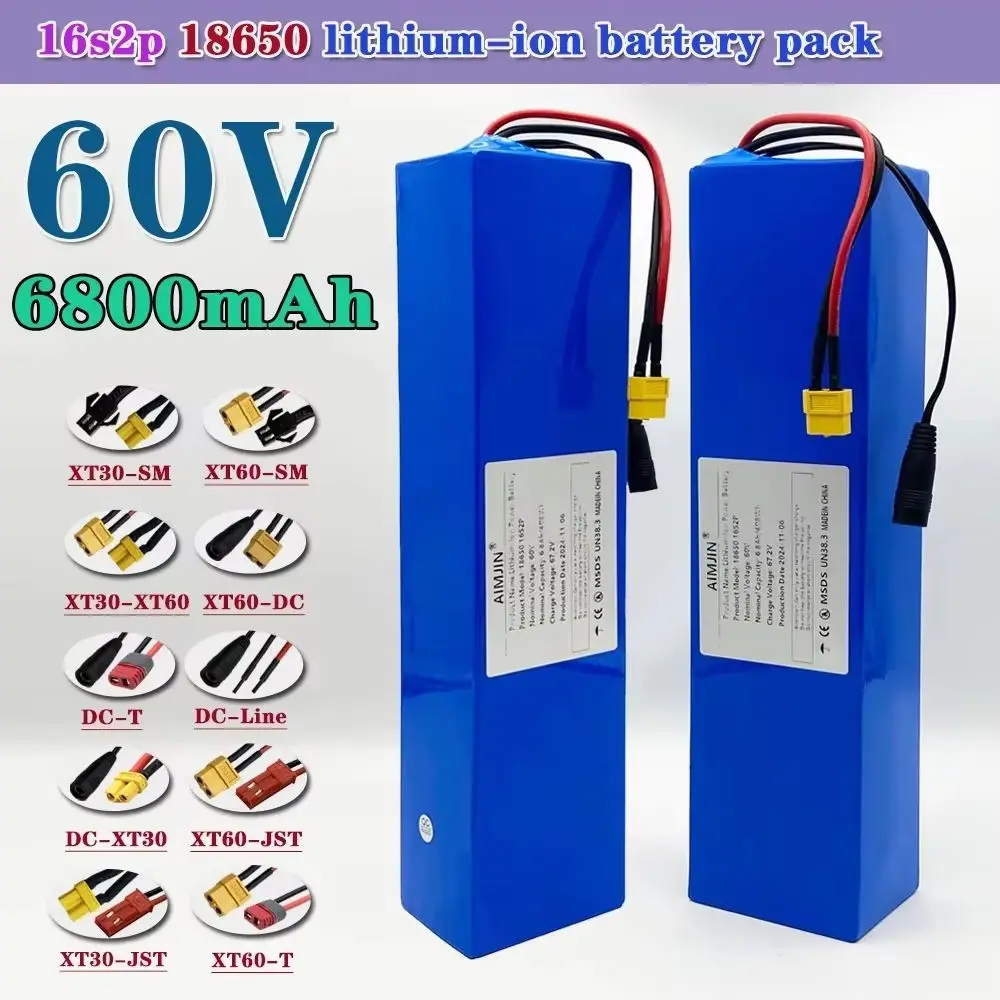 

60V 6800mAh 16S2P battery pack, electric bicycle scooter replacement battery with BMS+67.2V charger 18650 lithium-ion battery
