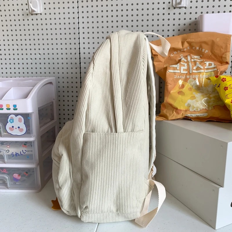 Cartoon Duck Backpack Kawaii Aesthetic Backpack Corduroy School Backpack Travel Daypack for Teen Girls Women