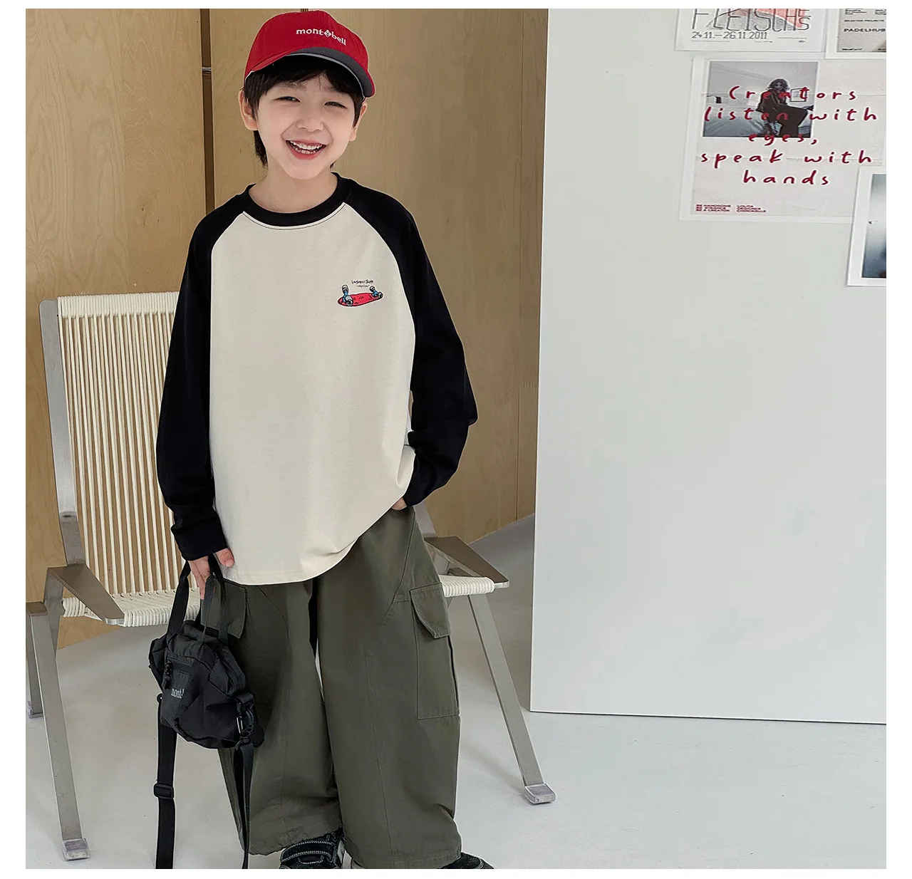 2026 Boys Autumn Solid Patch Pocket Loose Medium Large Casual Pants Versatile Cotton Kids Cargo Pants