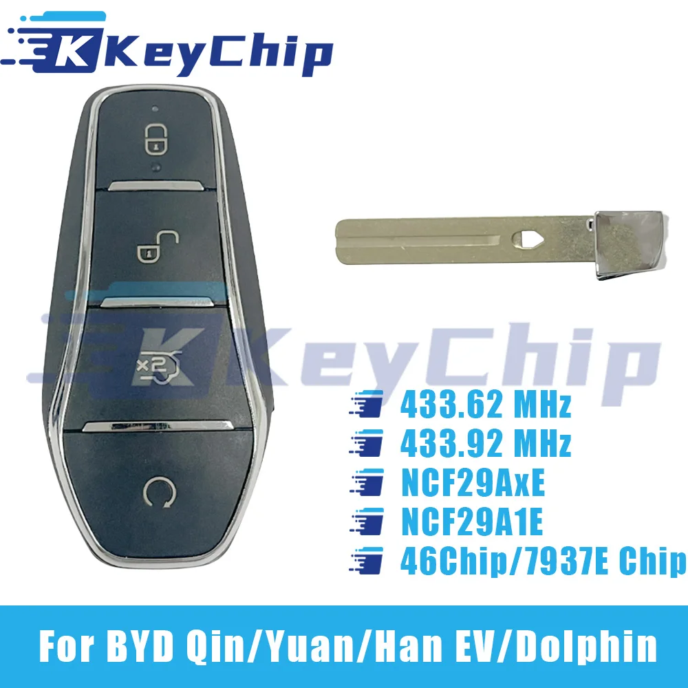 KeyChip Pro For BYD Qin Yuan Qin Plus Han EV Dolphin 4 Buttons Smart Car Key 433.62 MHz 433.92 MHz NCF29AxE HITAG 2 46 Chip