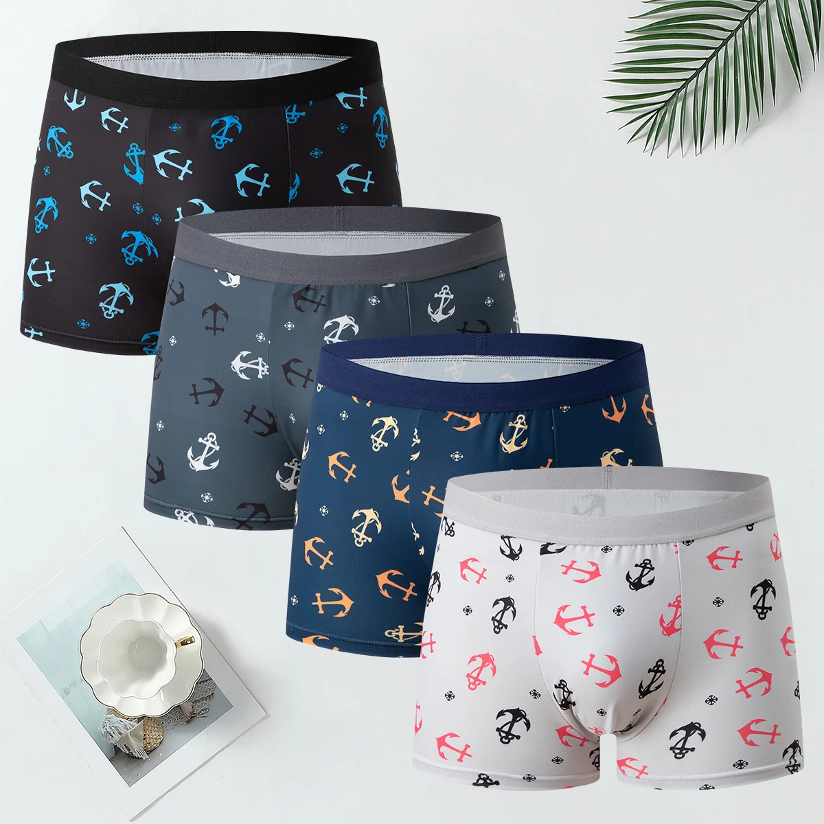 4-teiliges Set bedruckter Unterwäsche für Männer und Jugendliche, bequeme flache Boxershorts mit elastischem Bund, mehrfarbige Freizeitshorts – Detail 13