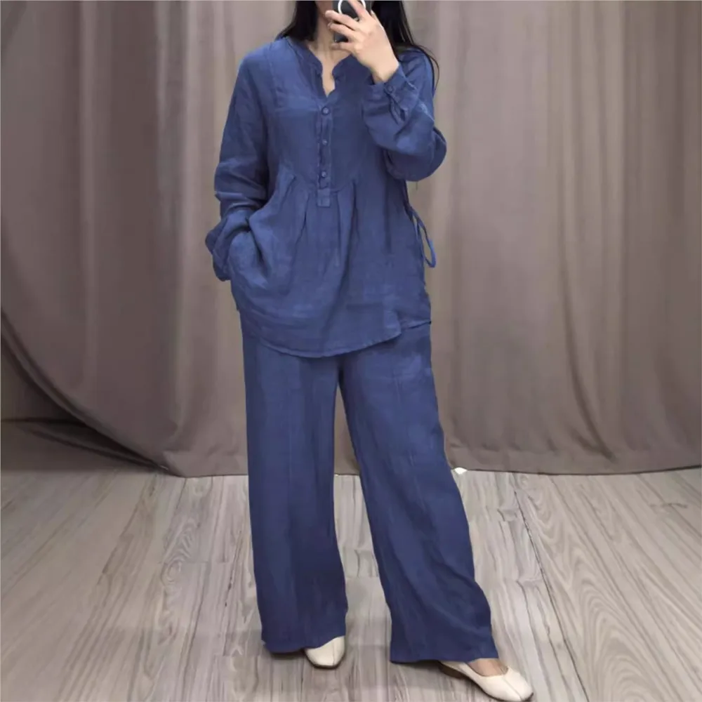 Autumn Fashion Cotton Linen Long Sleeve Half Open Shirt For Women\'s Suit Casual Pleated Elegant Female Wide Leg Pants 2piece Set