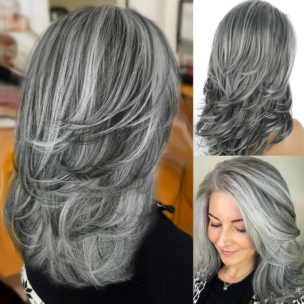 Silver Wig Grey Ombre Women\'s Wig with Curtain Bangs Synthetic Highlights Grey Bob Short Hair Silver Multi Layered Wig with Bang