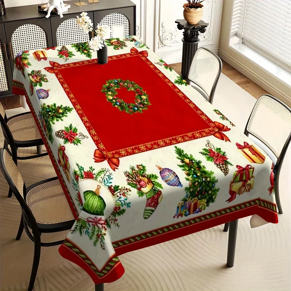1Pc Christmas Style Tablecloth Red And White Wreath Gift Box Print Table Cover For Dining Room Kitchen Holiday Party Decoration