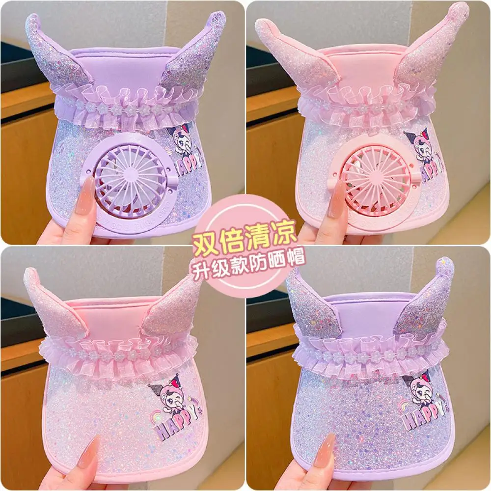 

Sanrio Kuromi Детская солнцезащитная шляпа Летняя шляпа для девочек с большим карнизом и веером Воздушная верхняя солнцезащитная шляпа Спортивная шляпа на открытом воздухе Пляжная шляпа Подарки