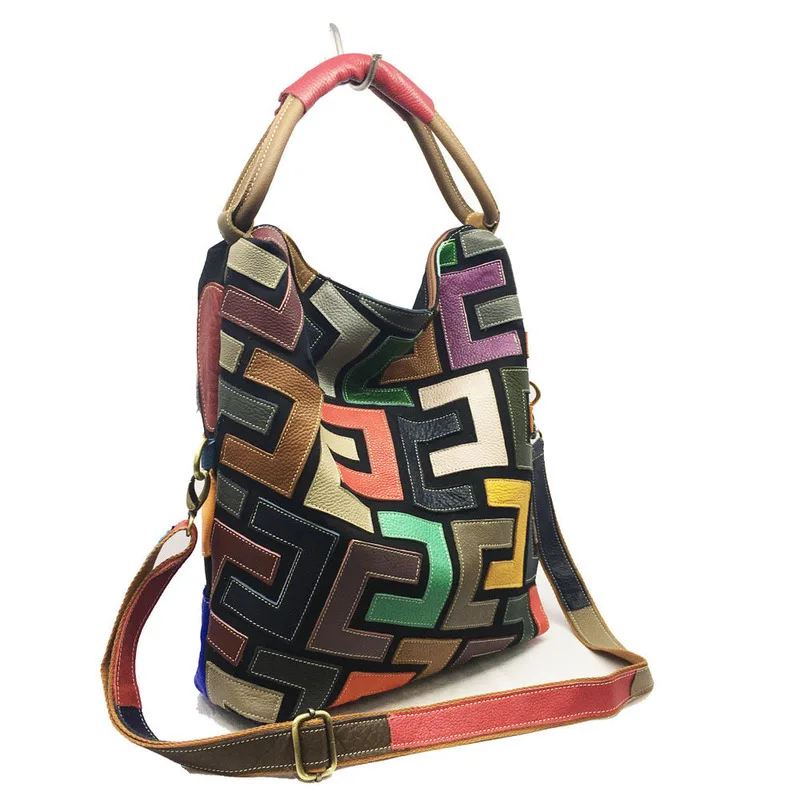 GAGACIA New Genuine Leather Multicolor Shoulder Tote Bag For Women Cowhide Large Capacity Handbag Patchwork Crossbody Travel Bag