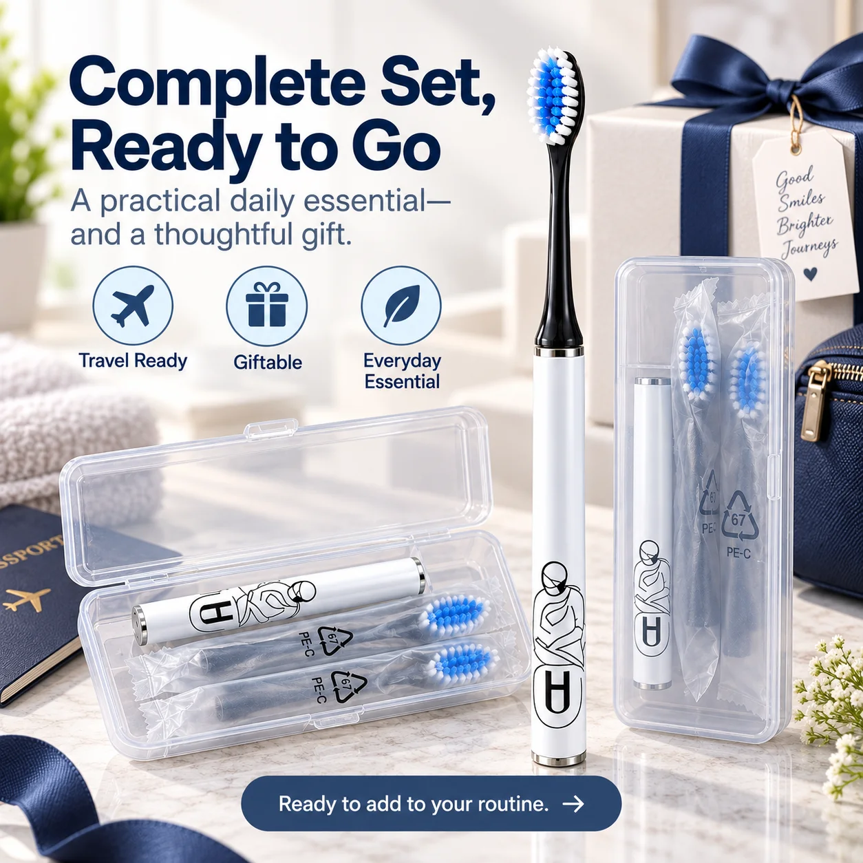 Travel Toothbrush Set with Storage Case, Manual Toothbrush with 2 Replacement Brush Heads, Random Color Heads, Compact & Portable for Travel, Dormitory & Camping
