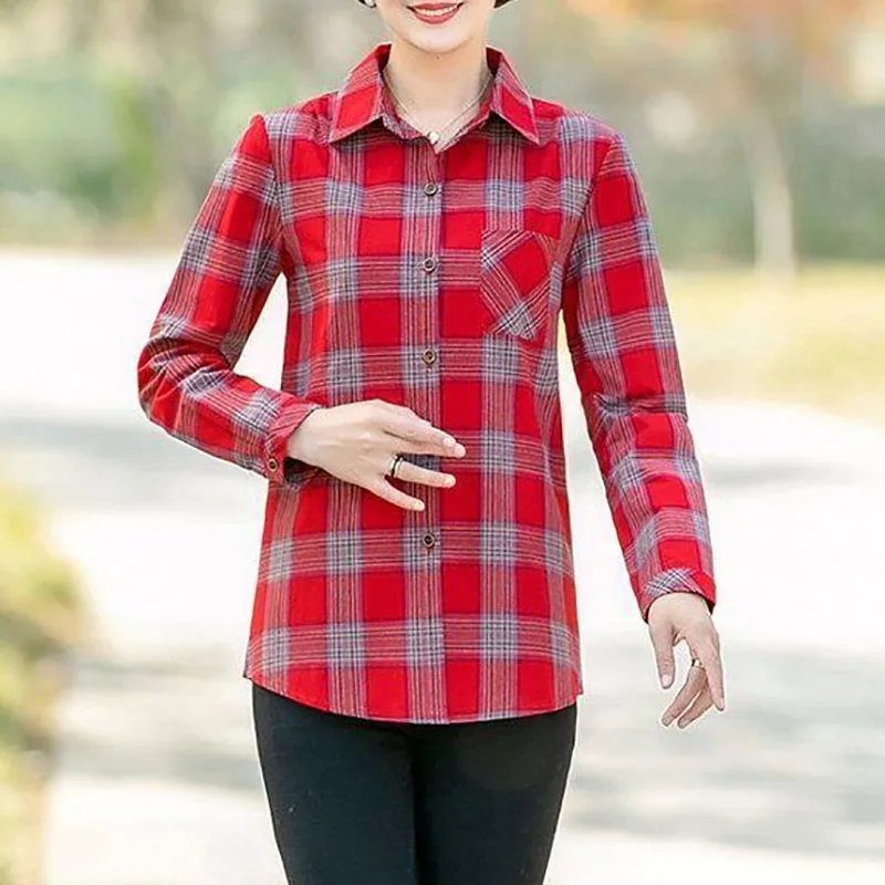 Vintage Printed Loose All-match Plaid Shirt Women\'s Clothing 2023 Autumn Winter New Oversized Casual Tops Long Sleeve Blouse