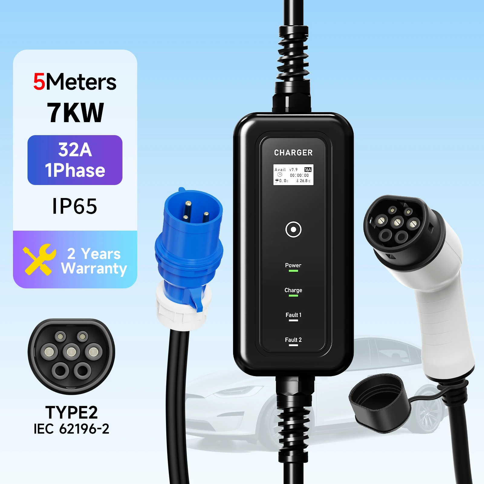 

Портативное зарядное устройство для электромобилей 7 кВт, 32 А, тип 2 IEC62196-2, вилка CEE, зарядное устройство EVSE, настенный ящик для электромобиля, домашнего и путешествия