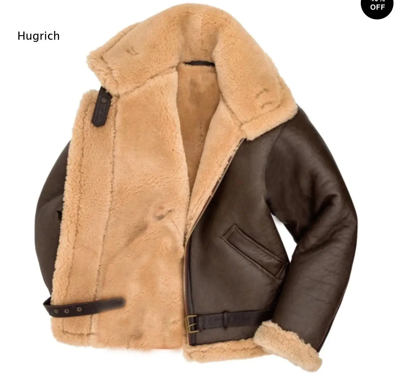 Men B3 Shearling Aviator Jacket Brown Faux Leather Sherpa Lined Lapel Collar Zip Up Winter Warm Pilot Bomber Coat