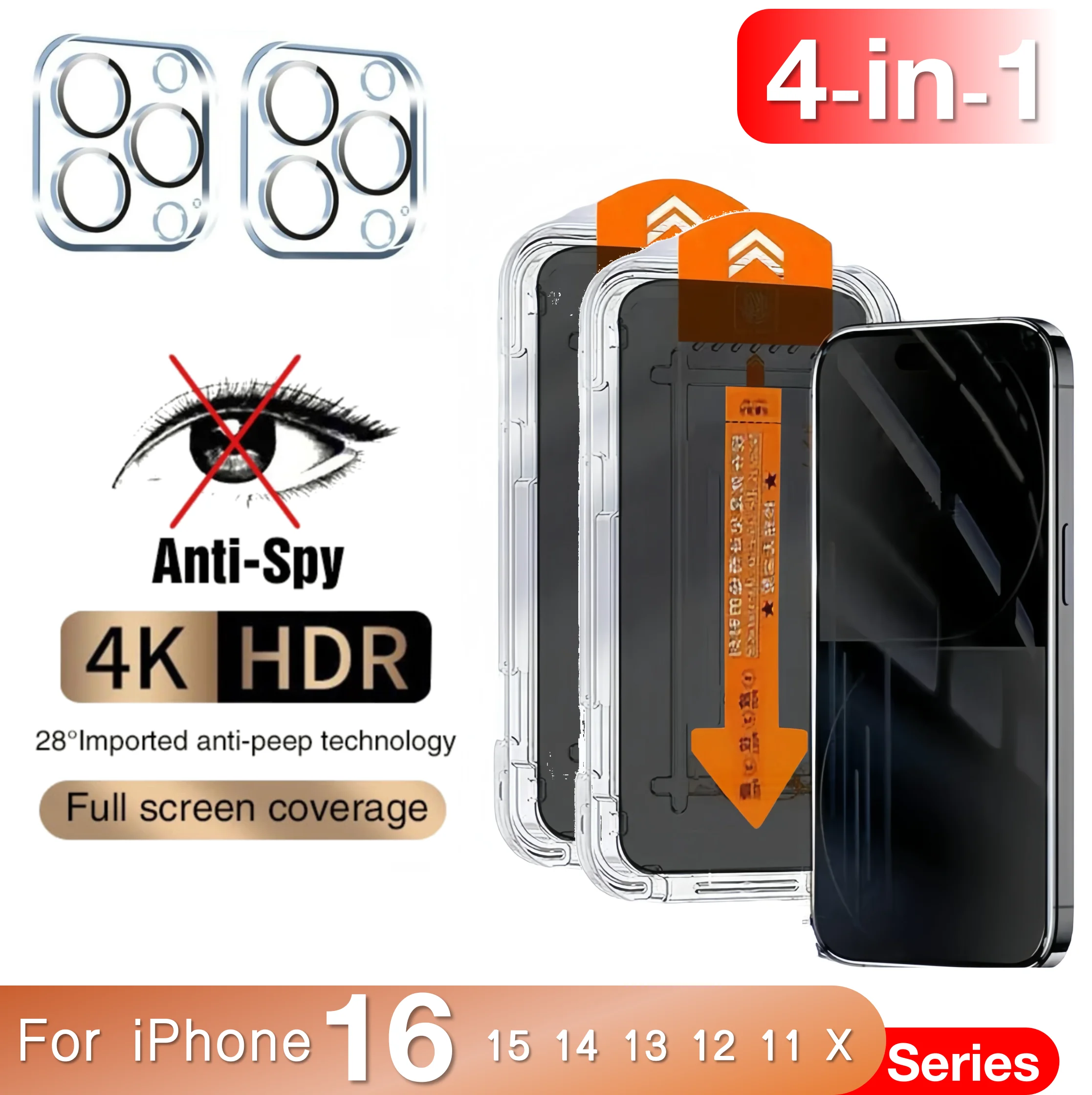 

4in1 Screen Protector Anti Peeping Tempered Glass For iPhone 16 15 Pro Max 14 13 12 11 X XR XS Plus Mobile Phone Lens Protective