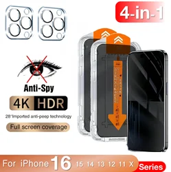 4in1 Screen Protector Anti Peeping Tempered Glass For iPhone 16 15 Pro Max 14 13 12 11 X XR XS Plus Mobile Phone Lens Protective