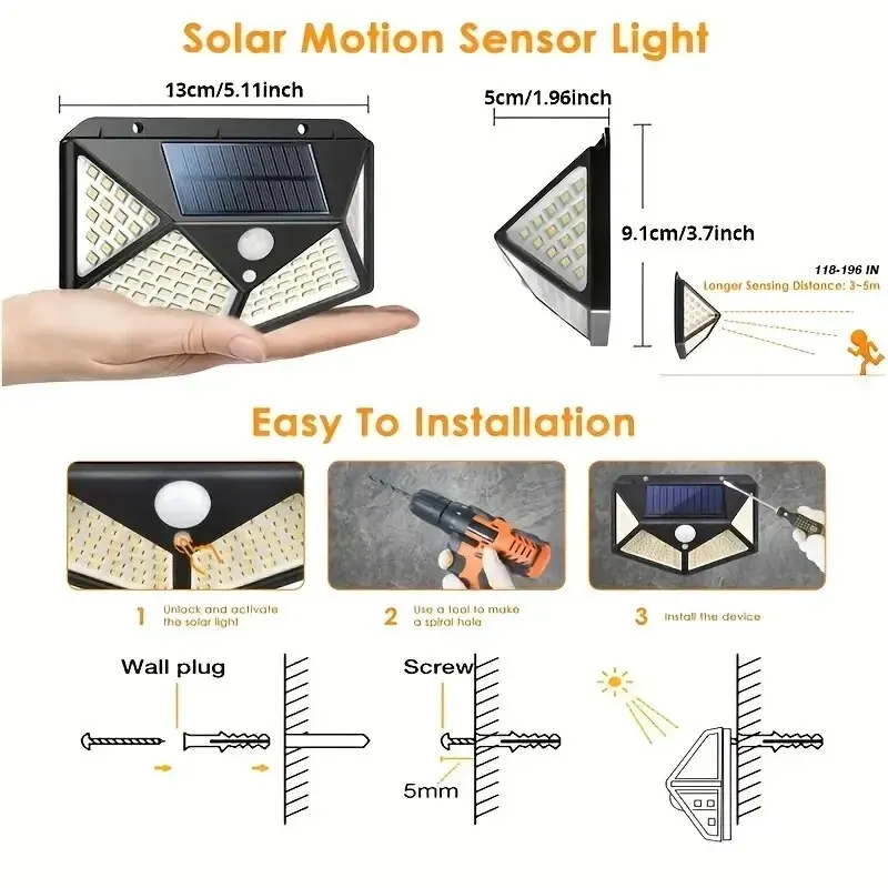 Lampada da parete solare 100LED sensore di movimento PIR cortile a induzione umana scale esterne impermeabili luce solare alimentata