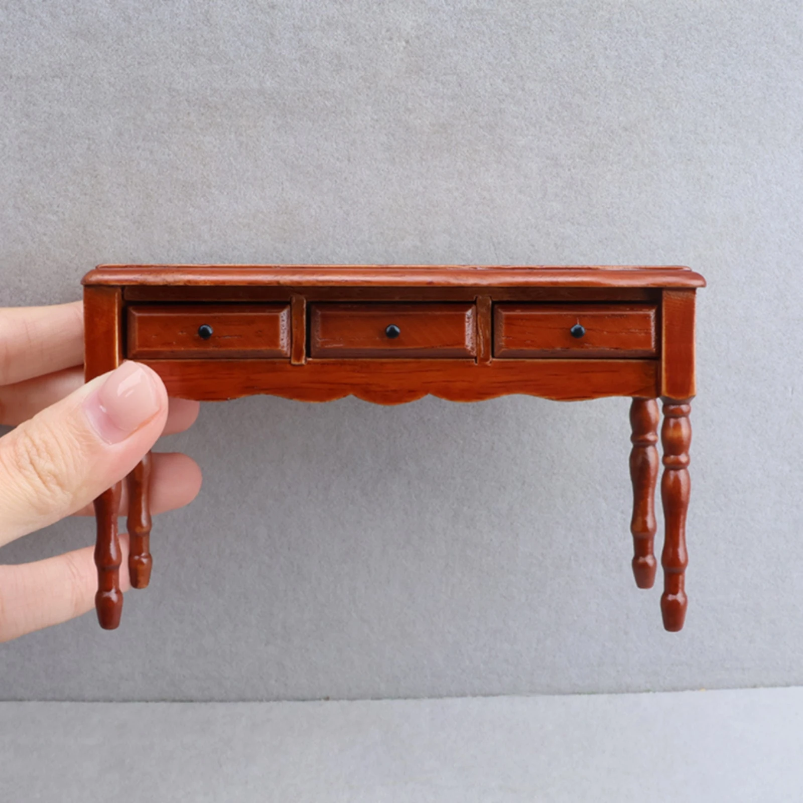 

1:12 Dollhouse Desk Rich Brown-Brown 1:12 Miniature Desk Three Drawers Turned Legs