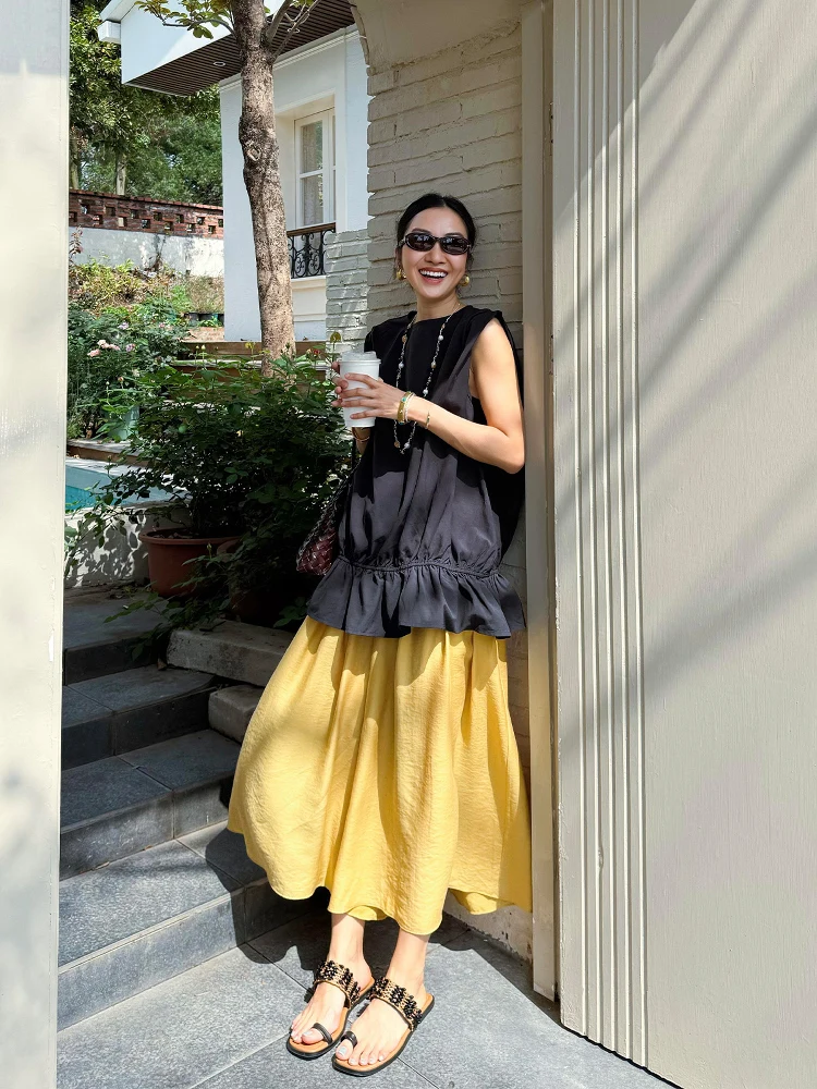 

Желтая плиссированная юбка А-силуэта с высокой талией для женщин, летняя, приталенная, в стиле «зонтик», повседневная, для города, на каждый день, для путешествий