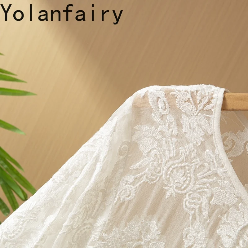 YOLANFAIRY 100% Mulberry Silk Summer Blouse Woman Elegant Embroidery White Top Sun-protective Pullovers Lantern Sleeve Blouses