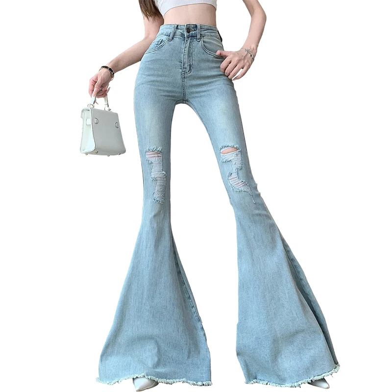 Heiße Skinny Big Flare Jeans Frauen Vintage Slim Fit hohe Taille Loch zerrissene Jeans hose Frau y2k Streetwear weites Bein Hose