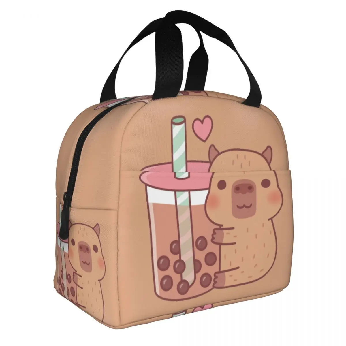 Custom Cute Little Capybara Hugs Bubble Tea Insulated Lunch Bags Women Portable Cooler Thermal Food Lunch Box Work School Travel