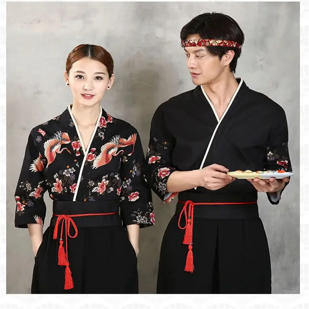 New Unisex Japanese Korea Style Medium Sleeve Cook Uniform Kimono Waiter Work Wear Chef Sushi Restaurant Overalls