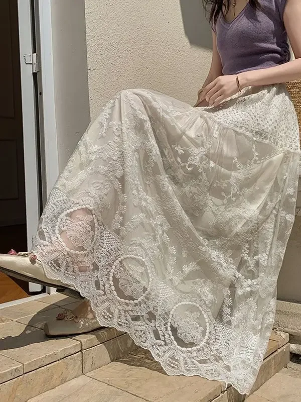 2025 Autumn Slim Temperament High Waisted Lace Mesh Skirt Long Skirt