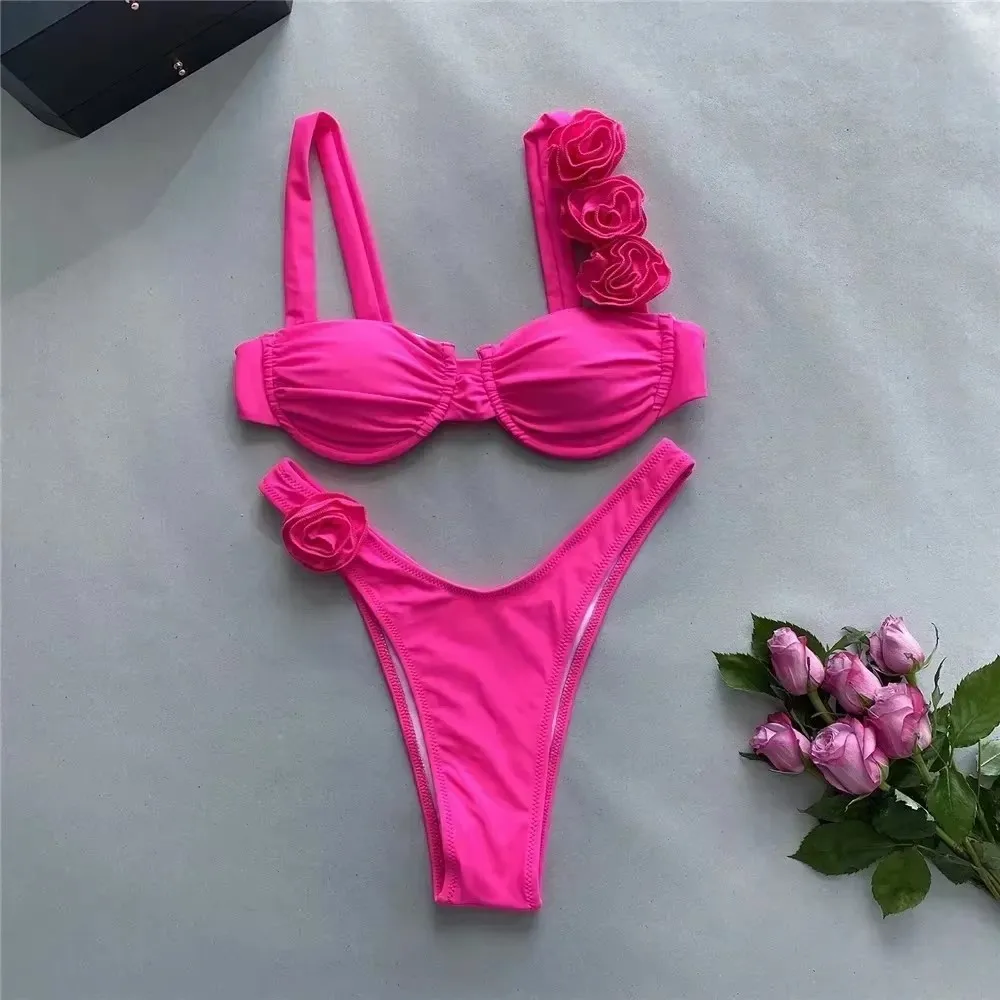 Sexy 3D Flower Shiny White Push Up Bikini 2025 Women Swimwear Underwired Swimsuit High Cut Bathing Suit Wrinkled Bikinis Sets image 6