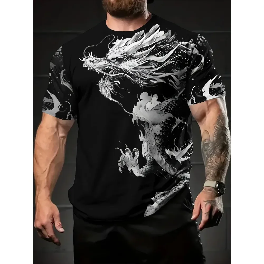 Summer 2026 3D Printed Black with White Dragon Pattern Quick-Drying T-Shirt - Men's and Women's Universal T-Shirt Top - Polyeste