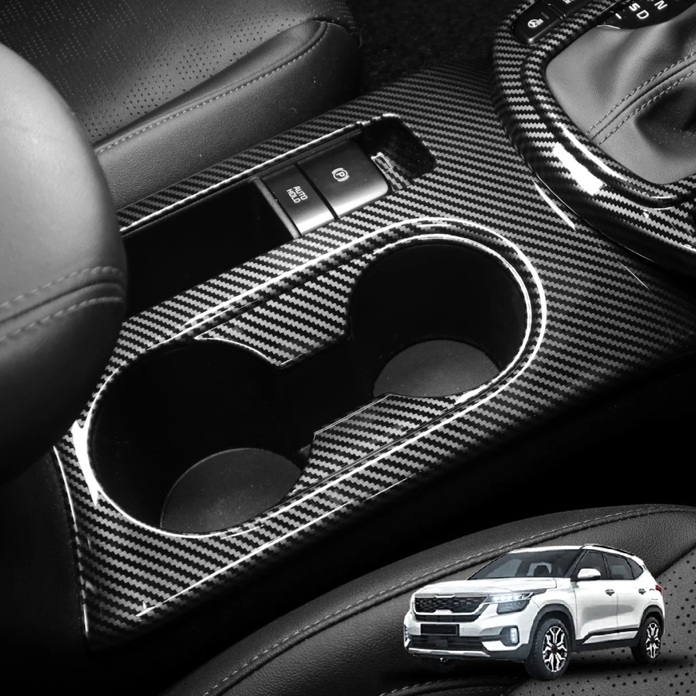 

For Kia SELTOS 2021-2025 Car Turning Carbon Fiber Front Row Water Cup Frame Cover Trim Interior Accessories LHD