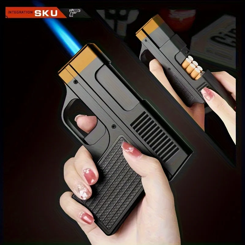 

10pcs Creative Pistol-Style Lighter with LED Blue Flame Effect Windproof Adjustable Butane Torch for BBQ & Kitchen Baking
