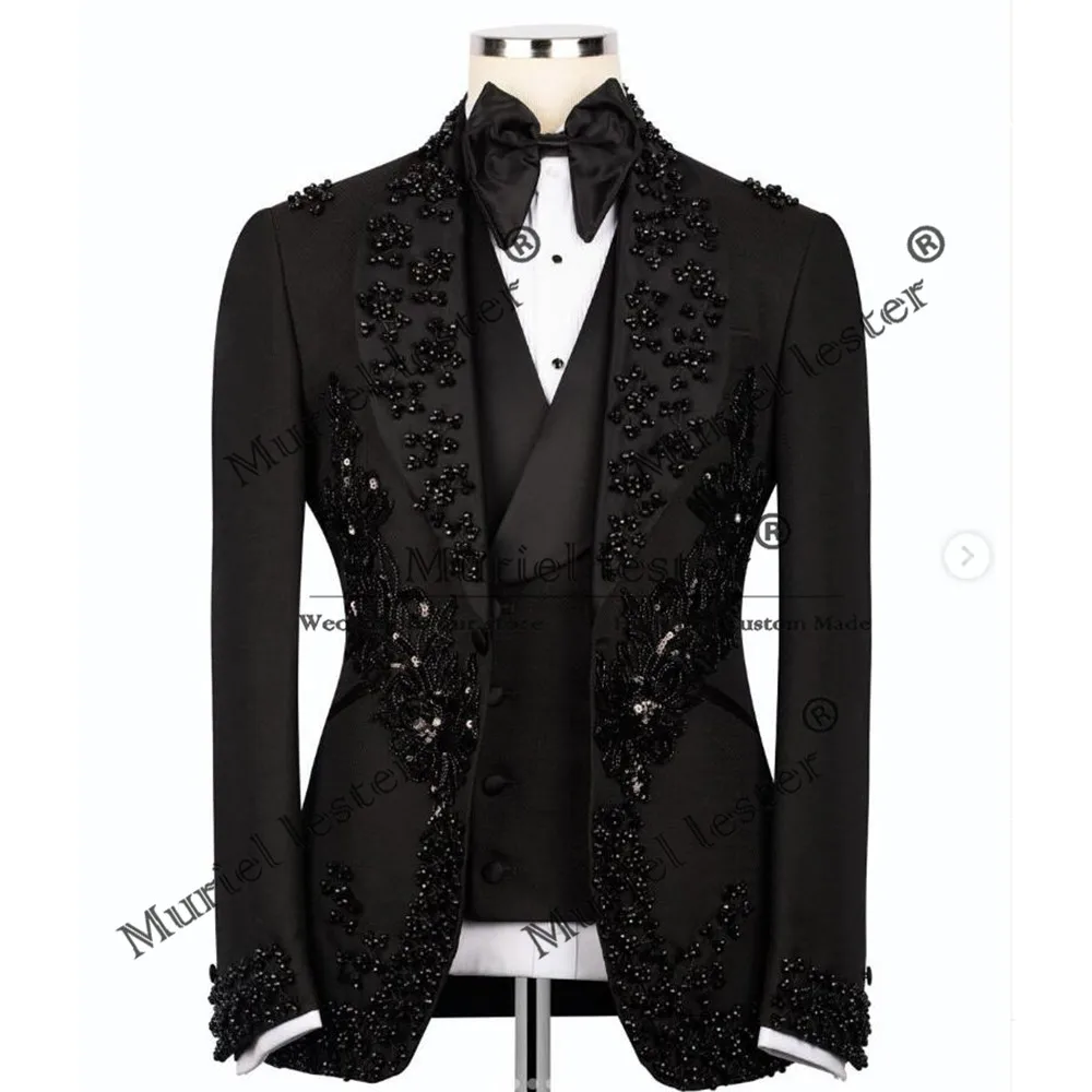 

Exquisite Pearls Beads Stones Wedding Groom Tuxedos Customized 3 Pieces Sets Suits Men Single Breasted Blazers Outfits Man Dress
