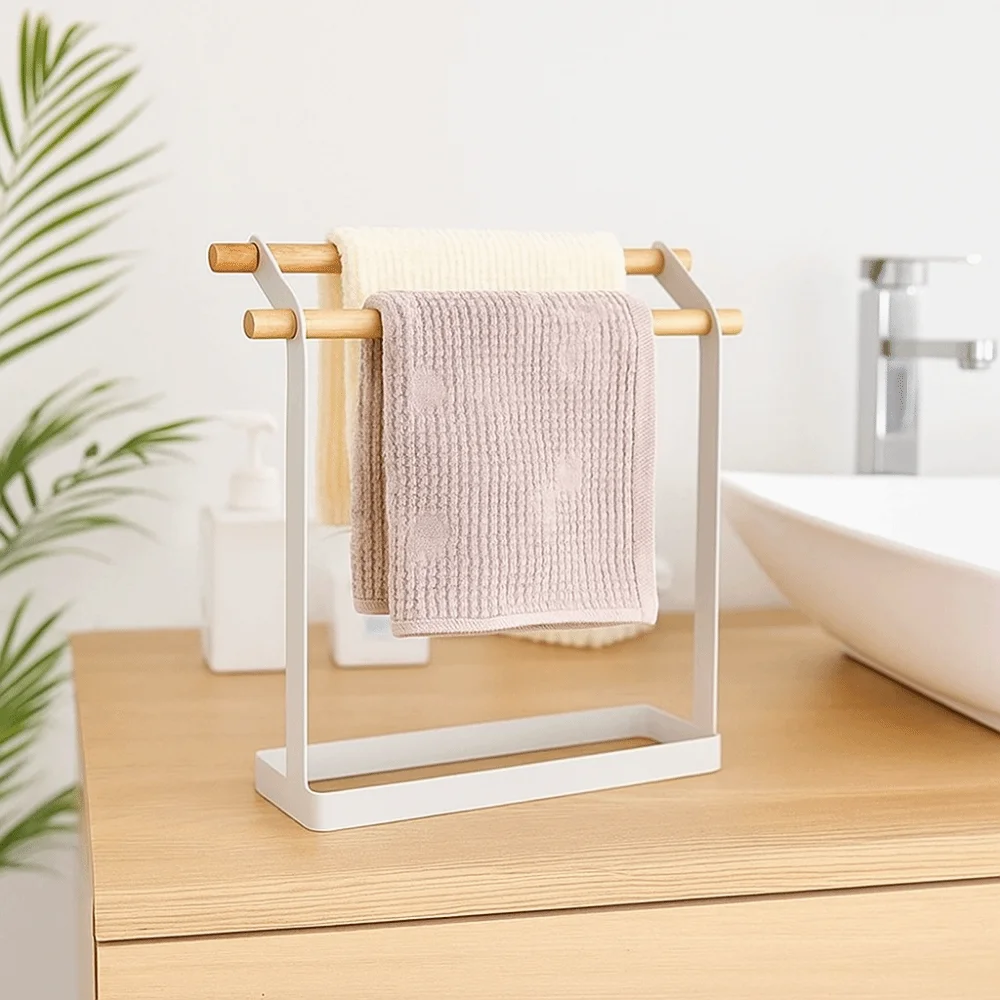 Multifunctional Metal Free Standing Towel Rack Stable Simple Vertical Towel Holder Double Bar Towel Drying Rack Vanity