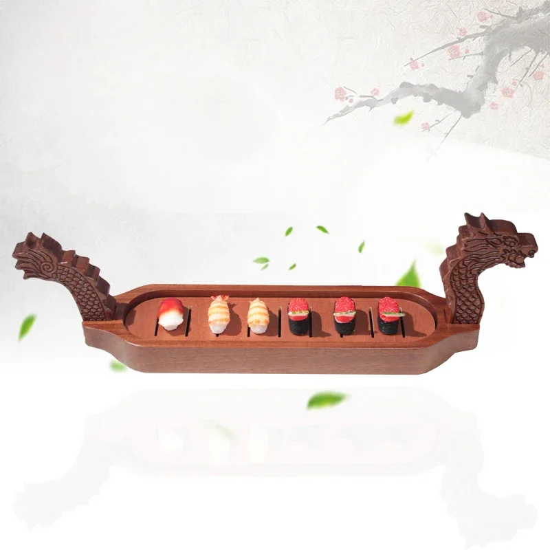 Wooden Dragon Boat Dry Ice Seafood Boat Buffet Platter Table Dish Creative Sushi Bento Boat for Onigiri and Catering