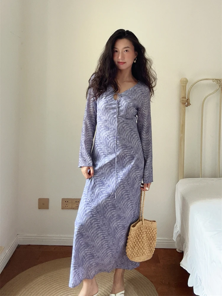 DADANA Romantic Purple Floral Print Belted Long Dress Holiday Style Skirt Slimming Island Vacation Dress French Waist Design