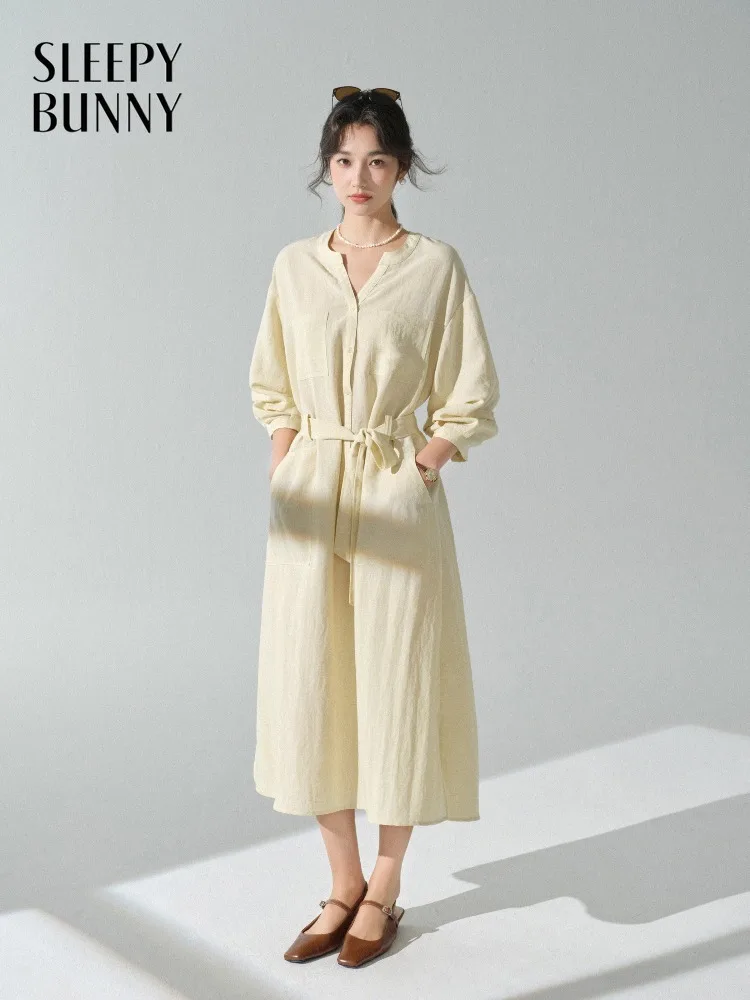 

Women Elegant V Neck Shirt Dress Lady Relaxed Tie Waist Midi Dress Casual Early Spring Long Sleeve Commuter Outfit Daily Wear