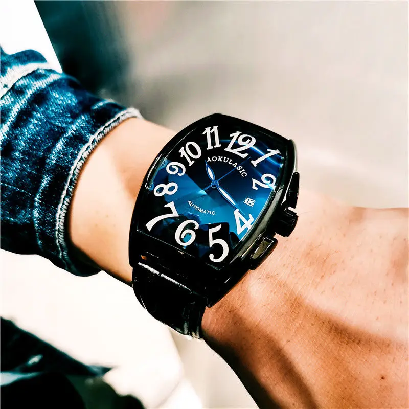 Luxurious Men's Mechanical Watch, Barrel-Shaped Skeleton Leather Strap Men's Watch, Stylish Social Guy's Wristwatch, High-Value Cool Best-Selling Men's Watch, Top Choice for Gifts, No Battery Needed