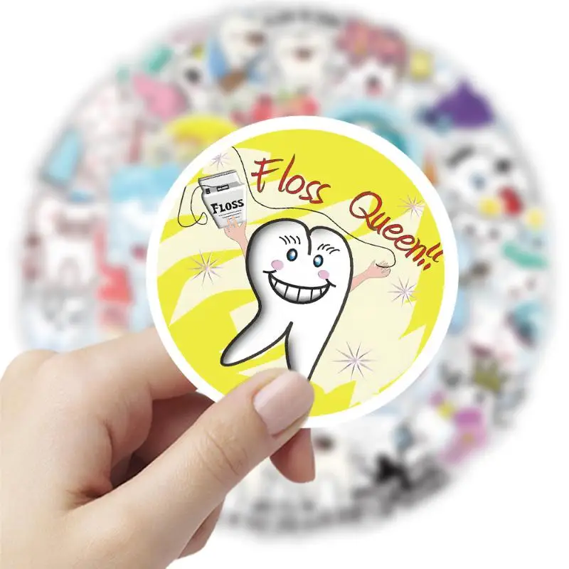 50Pcs Dental Stickers Cartoon Decoration Tooth Shaped Sticker Dentistry Dental Clinic Decals Early Childhood Education Supplies
