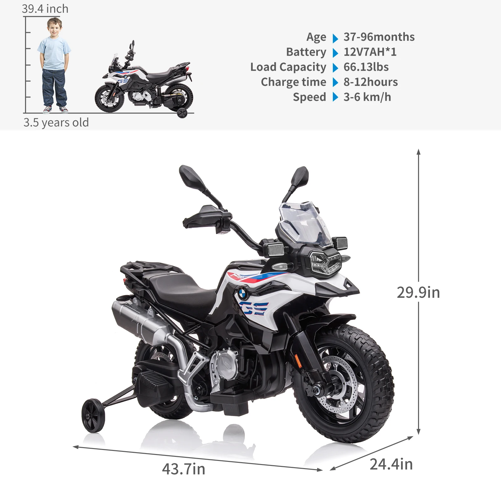 Moto BMW sous licence pour enfants 12V, avec vitesse Variable haute/basse, feux d'avertissement, roues d'entraînement pour tout-petits/enfants