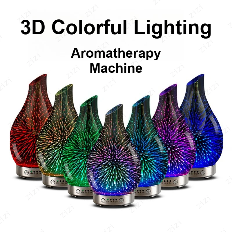 Slant Mouth Vase Shaped 3D Glass Diffuser Colorful Illusion Light Silent Humidification Aromatherapy Machine