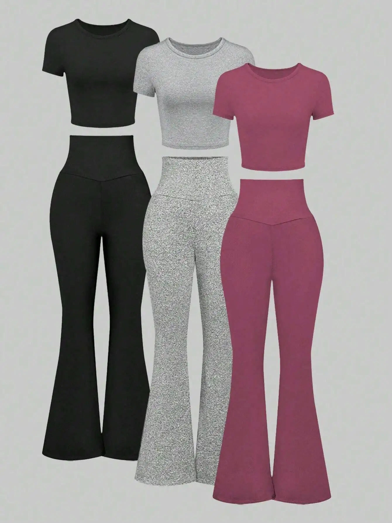 Conjunto de 3 Peças Feminino: Top Cropped de Manga Curta e Calça Flare de Cintura Alta - Roupa Casual para Yoga