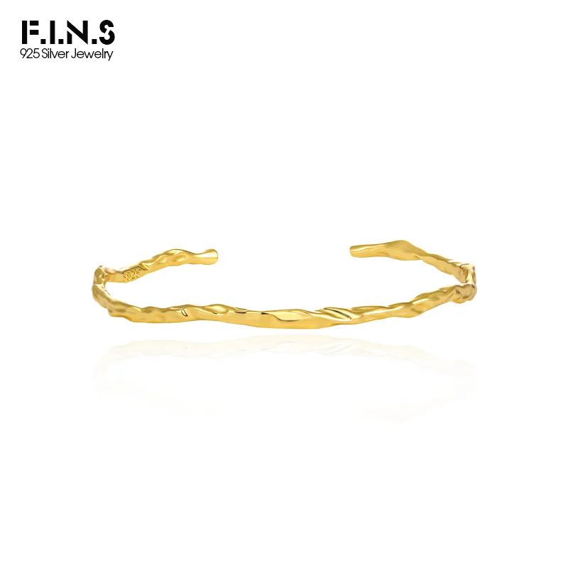 F.I.N.S S925 Sterling Silver Bracelet Temperament Lava Texture Irregular Gold Open Bangles for Women Fine Jewelry Hand Accessory