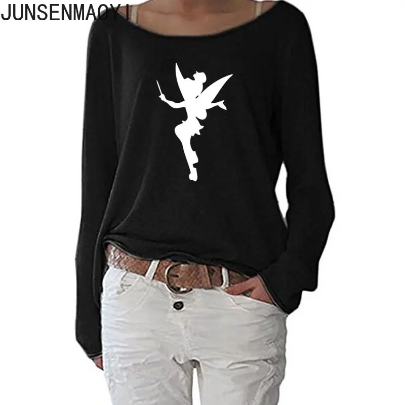 2022 New Women Tinkerbell Fairy Silhouette Cartoon Women Long Sleeve Funny Autumn Tshirt Women Casual Clothes Top Tee