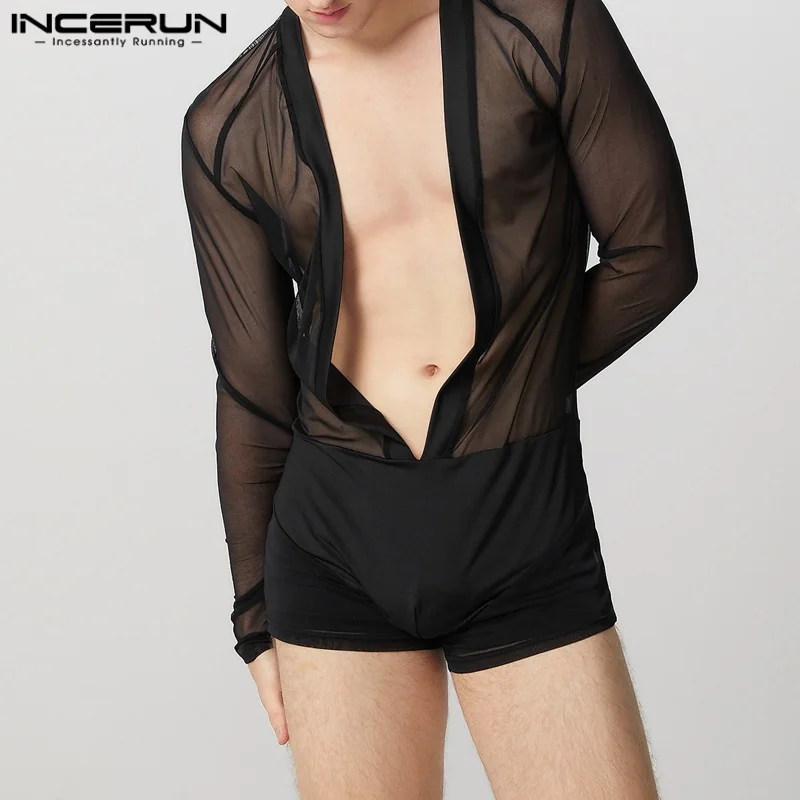 INCERUN Summer Spring Men Bodysuits Patchwork V-neck Long Sleeve Male Rompers Sexy Streetwear 2025 Fashion Bodysuits S-3XL