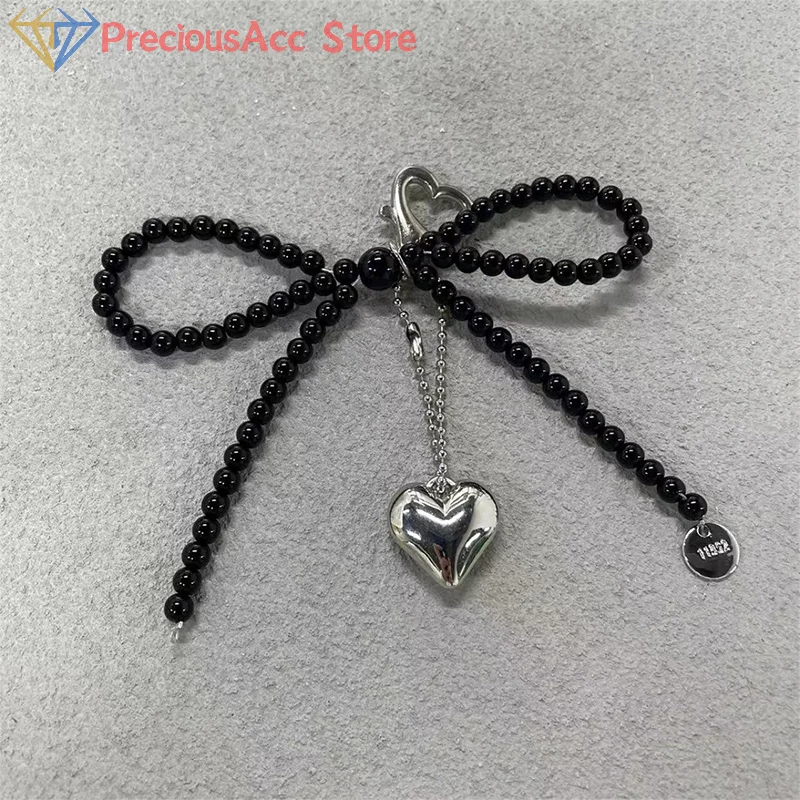 Temperament Sweet Bowknot Heart Pendant Keychain Fashion Beaded Phone Charm Bow Phone Lanyard Bag Decoration Accessories Gifts