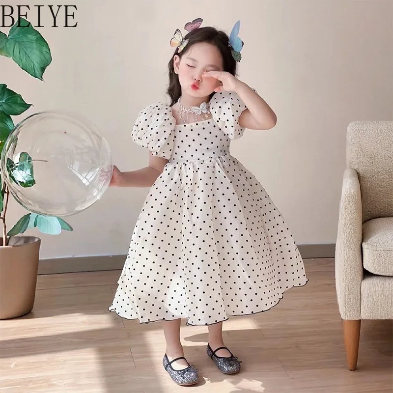 Sweet Children's Daily Wear Clothing Summer New Cute Beige Polka Dot Dress Bubble Short Sleeve Girls High End Fluffy Dress