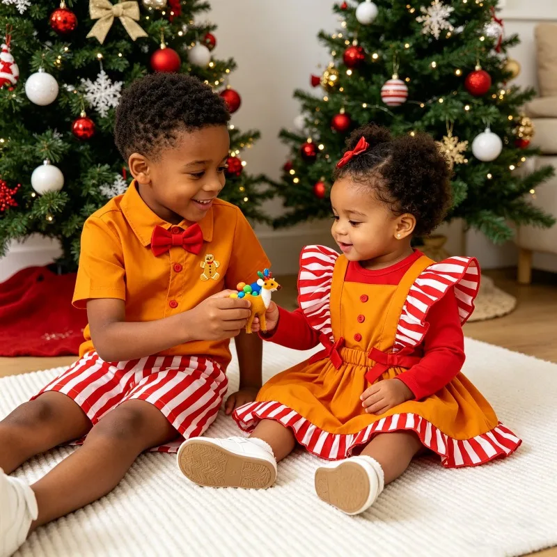 Toddler Baby Boys Girls Christmas Outfit Orange Shirt And Dress With Red Bow Tie And Striped Shorts Set 0 36M
