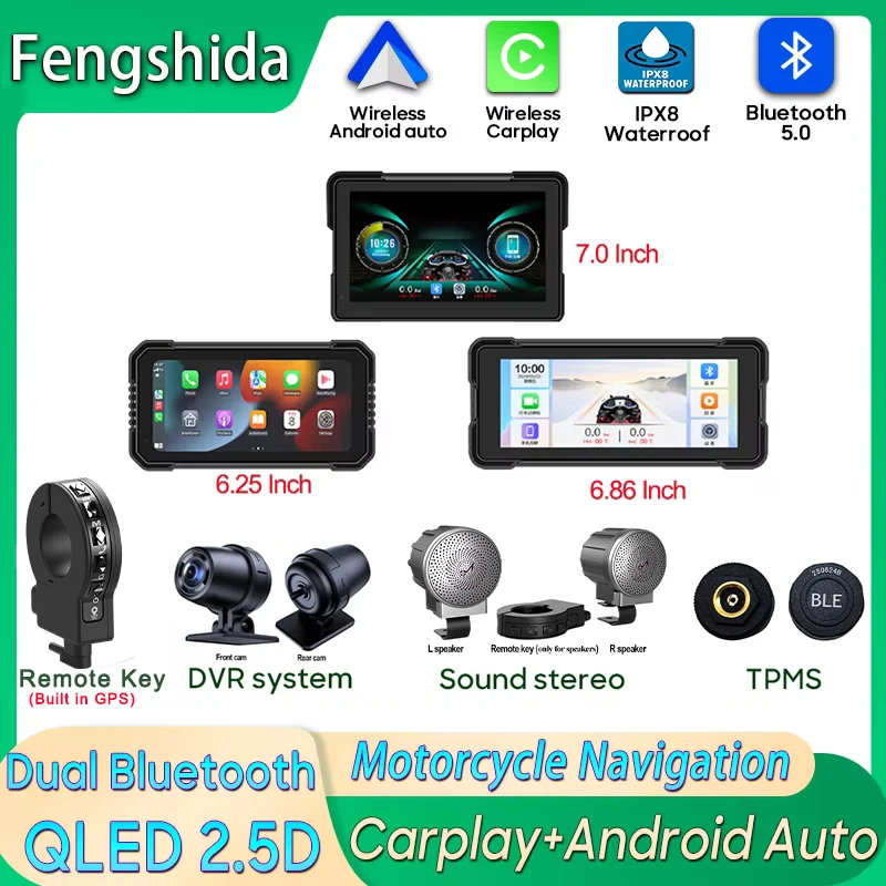 Motorcycle Navigation Screen Wireless CarPlay Android Auto Motorcycle GPS Motor DVR Monitor TPMS Bluetooth AMP Optional