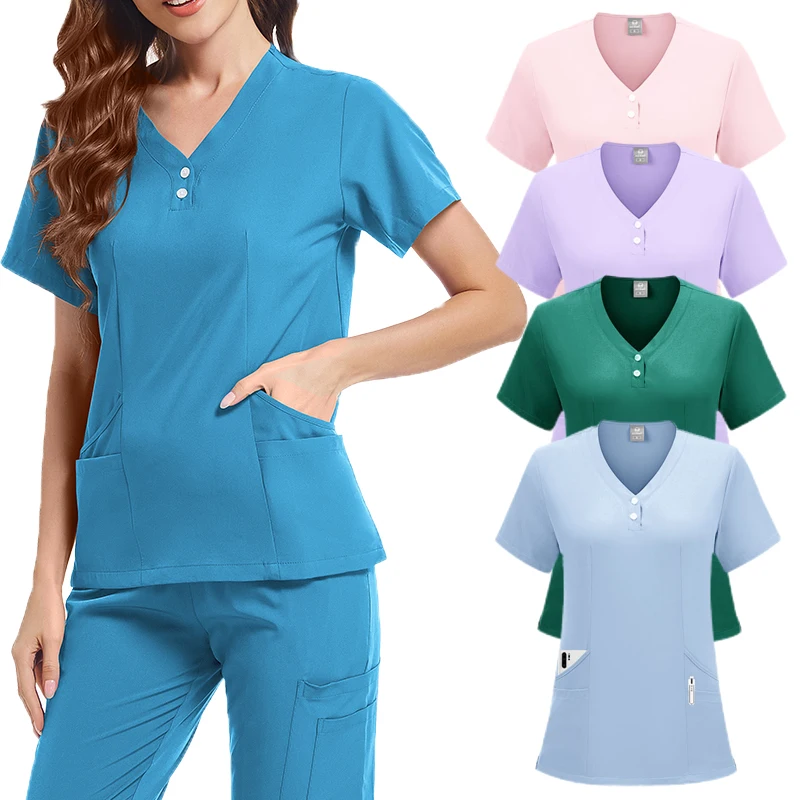 Hospital Elastic Work Uniform Medical Scrubs Tops Nurse Uniform Blouse V-neck Short Sleeve Shirt Clinic Nursing Scrubs Pullovers