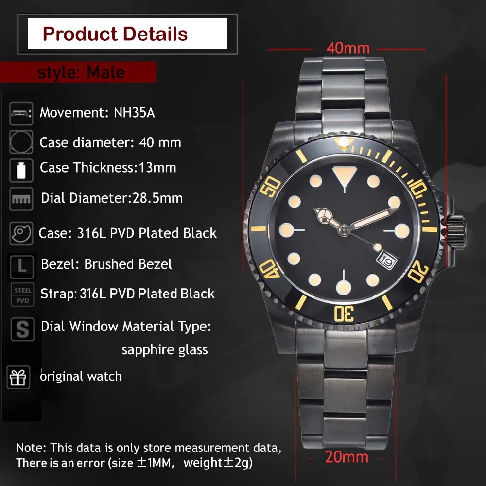 Men\'s Automatic Mechanical Watch 40mm Stainless Steel PVD Black Case Sapphire Crystal Casual Waterproof Watch