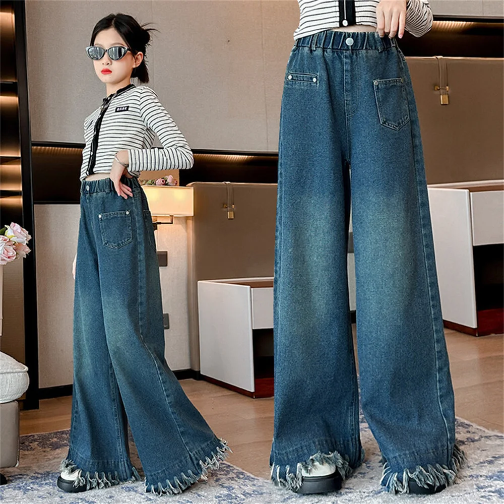 

K966 Fringe Flared Pants Girls' Denim Wide Leg Pants Fashion Girls' Jeans Children's Jeans Kid's Casual Pants