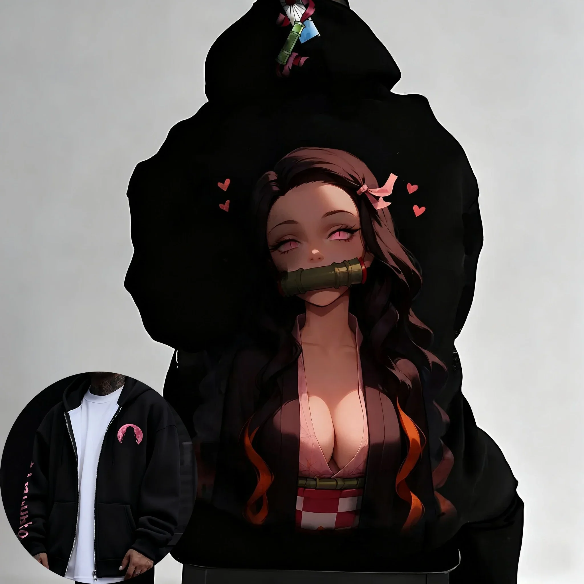 

Толстовка на молнии в стиле аниме Demon Slayer 2026, мужская осень/зима Nezuko с принтом, американский тренд, повседневный трендовый свитер, топ